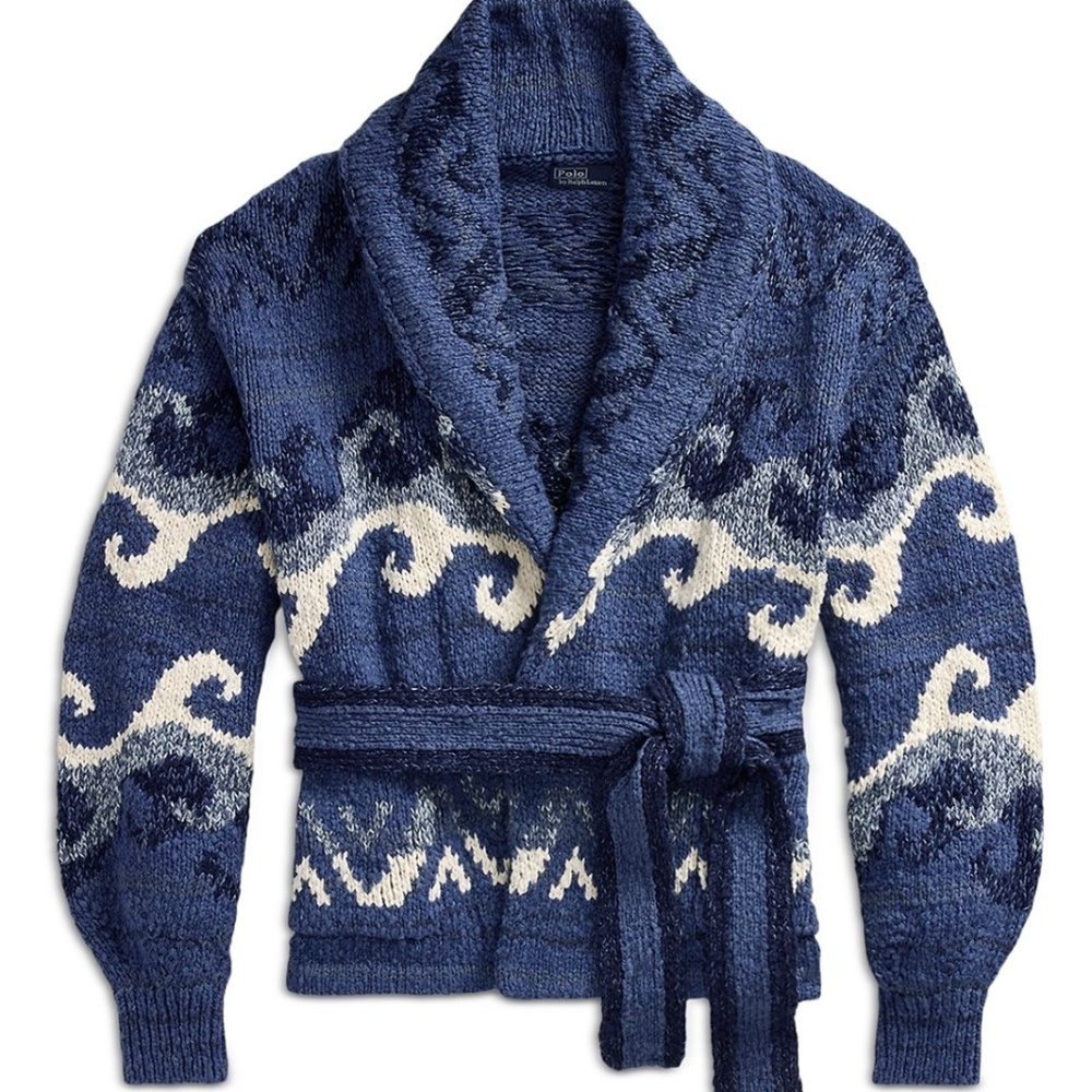 Polo by Ralph Lauren Blue and Cream Shawl Collar Knit Cardigan